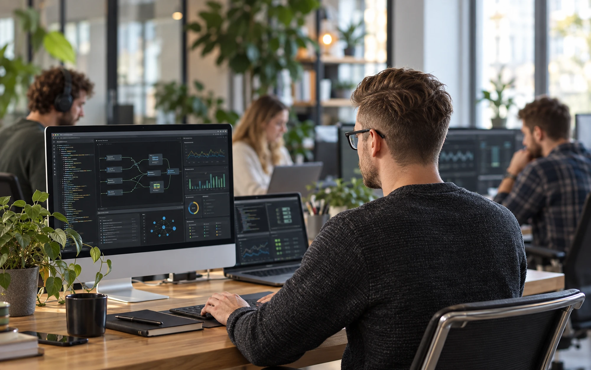 An engineer at a desk reviewing a workflow dashboard in a bright, plant-filled office